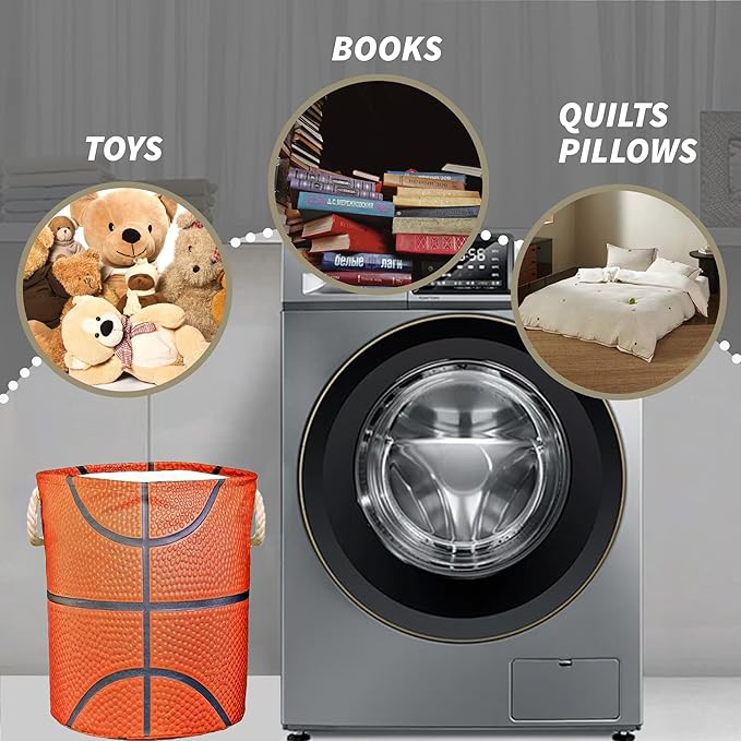 Basketball Laundry Basket Gifts for Boys, Boys' Room Decor Kids Nursery Hamper for Sports Room Basketball Decor 17.7x13.7 Inch