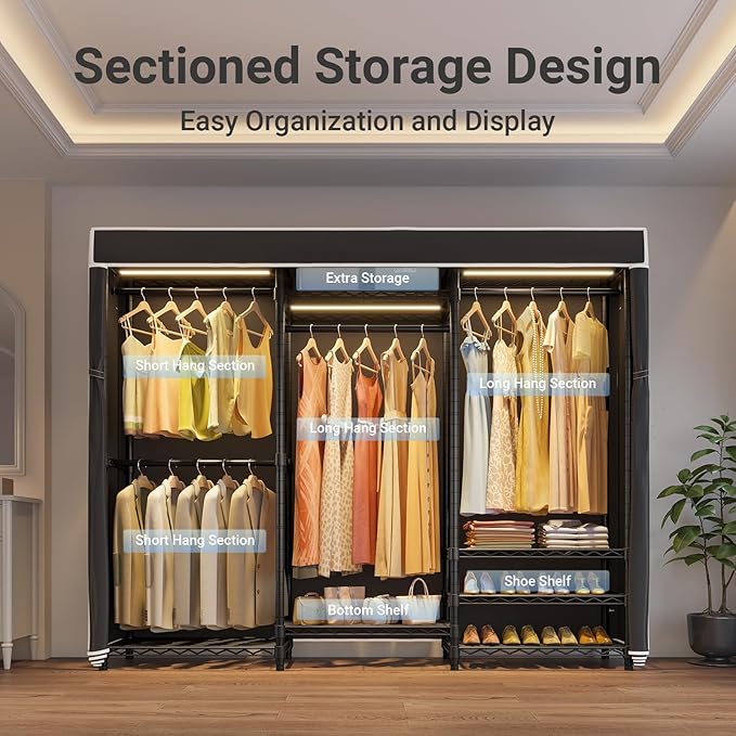 VIPEK V5LC Garment Rack Heavy Duty Covered Clothes Racks with Dimmable LED Light 3000K Warm White, Portable Closet Wardrobe Freestanding Clothing Racks for Hanging Clothes, Black Rack with Black Cover