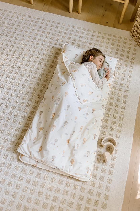 Organic Toddler Nap Mat – 100% Cotton Kids Washable Sleeping Mat & Detachable Pillow – Sleeping Bag with Soft 1.5” Pad – Ideal Nap Mat for Daycare, Preschool, & Sleepovers