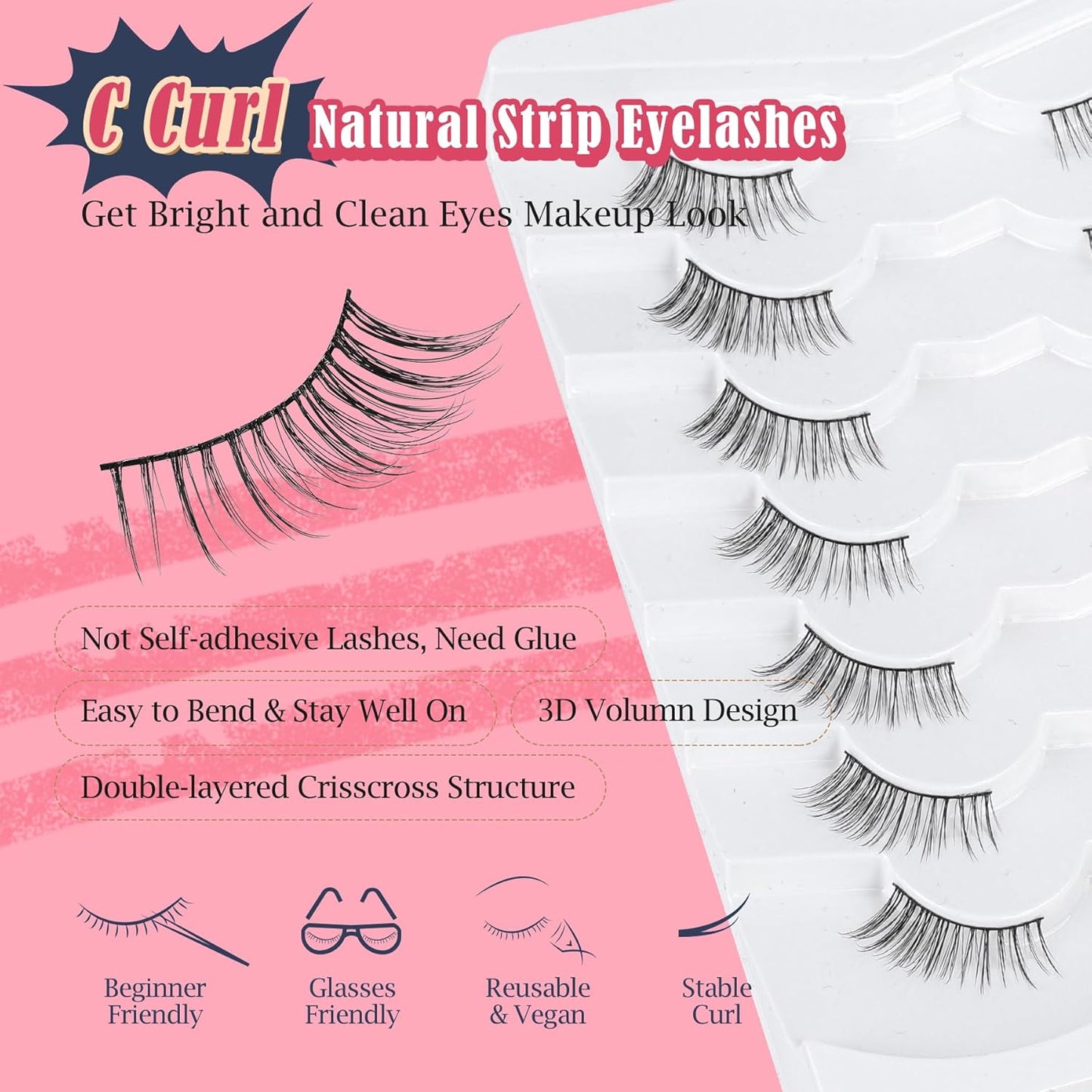 Half Lashes Natural Look C Curl False Eyelashes Cat Eye 7 Pack Corner Lash Siligli