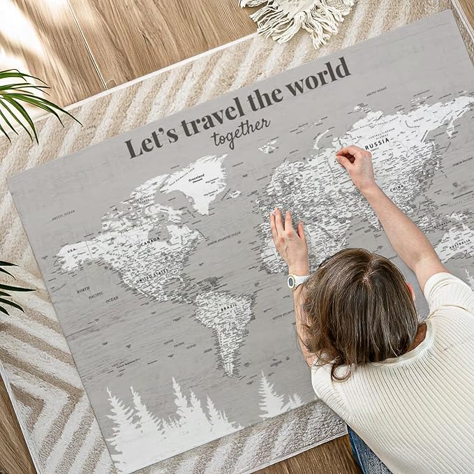 ElephantStock - Let's Travel II Push Pin World Map Wall Art - Horizontal Canvas Wall Art - Living Room Wall Decor - Digital Art Map Canvas Art - Gray And White Decor - 51" x 34"