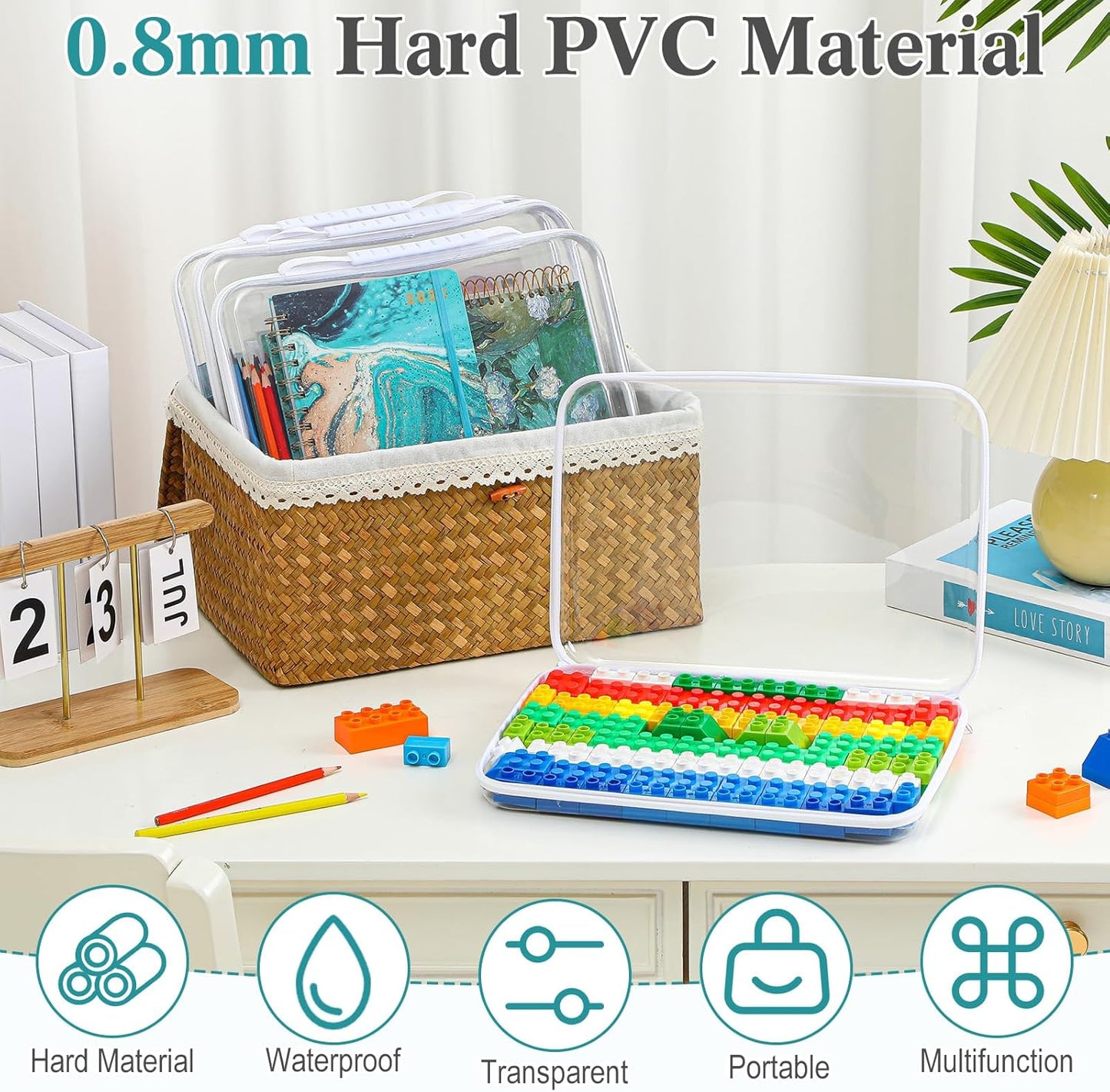 Sanwuta 4 Pcs Clear Hard Zipper Case with Handle Office Storage Cases Hard Plastic Pouches Transparent Bins for Crafts, Pencils, Snacks, Cosmetics, Puzzles(12.6 x 9 x 2 Inches,White)