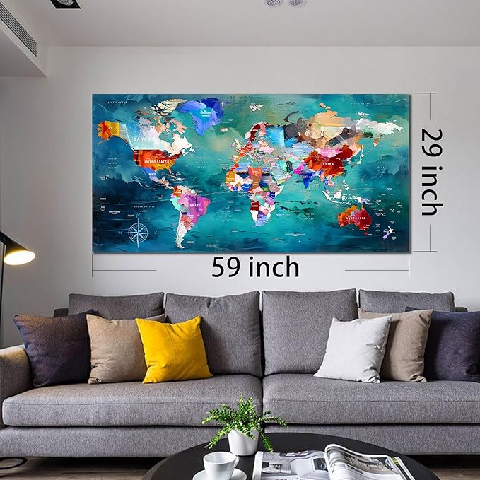 ZHAOSHOP World Map Canvas Wall Art for Living Room - Teal Wall Decor - Office Artwork Wall Decor Ready to Hang Size 29" x 59"
