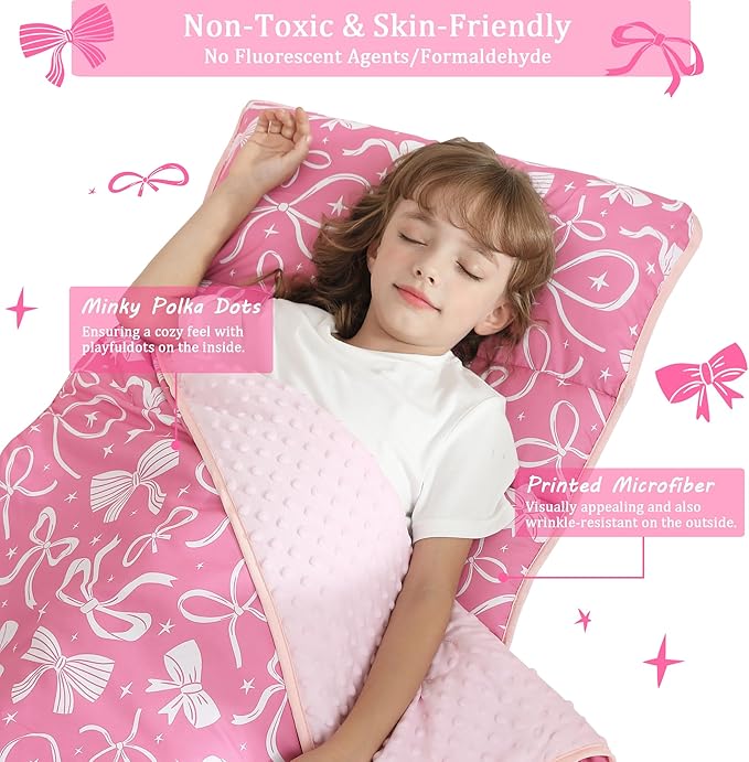 Toddler Nap Mat for Preschool 50''x30'' Sleeping Mat with Removable Pillow and Minky Blanket for Kids Ages 3-7 Roll Up Soft Sleeping Bag for Boys Girls Kindergarten Daycare Sleepover