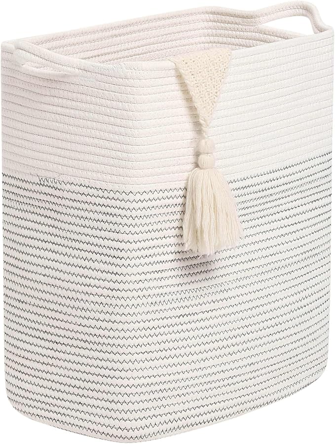 Tall Laundry Basket With Handles,Woven Cotton Rope Big Laundry Hamper Sorters,Versatile Storage for Dirty Clothes,Baby Toys,and Blankets in Bathroom, Nursery,and Living Room (White/Black Line, 68L)
