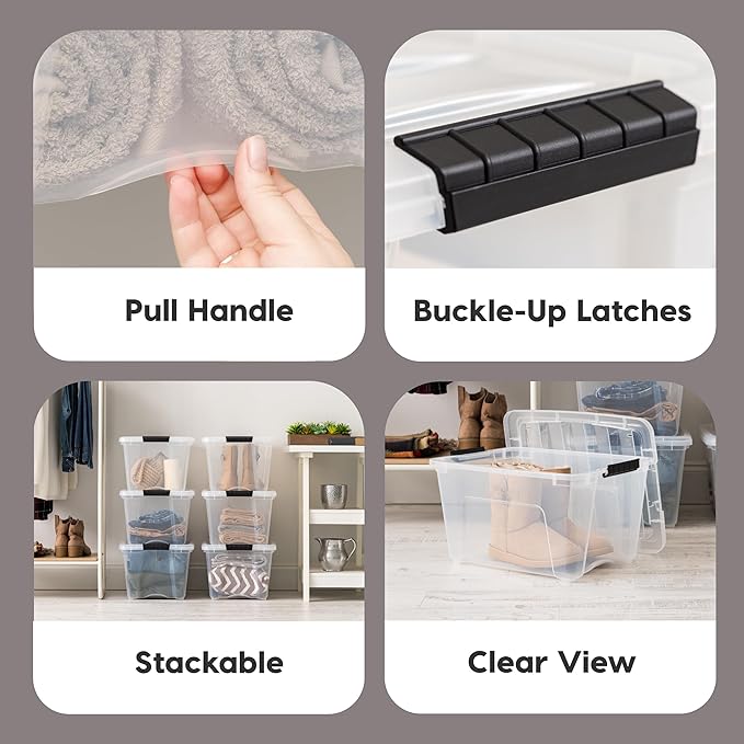 IRIS USA 32 QT Plastic Storage Box with Lid and Latches - 6 Pack - BPA-Free, See-Through Organizing Solution, Durable Nestable Stackable Containers, Secure Pull Handle - Clear