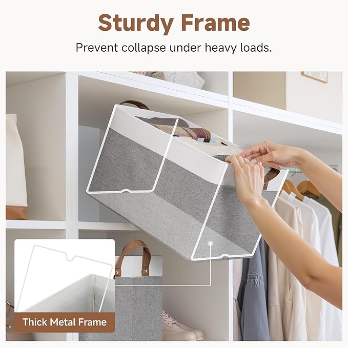 StorageWorks Storage Bins, Fabric Storage Bins for Shelves, Large Storage Baskets with Metal Frame, Closet Baskets and Bins with Handles, Gray and White, 2-Pack