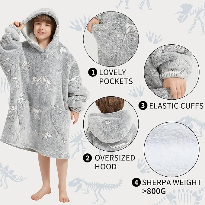 Fiosnow Glow in the Dark Dinosaur Fossil Blanket Hoodies for Kids 6-13YR Oversize Wearable Blanket Hoodies for Boys Girls Teens