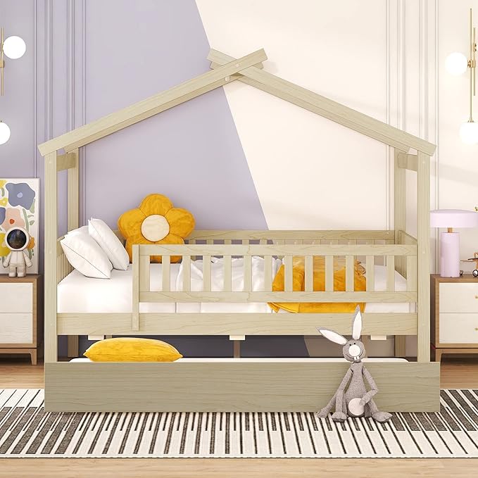 Harper & Bright Designs Full House Bed with Trundle, Kids Platform Frame Rails and Roof, Tent Bed, Wood Playhouse Montessori for Teens Girls Boys, No Box Spring Needed (Natural)