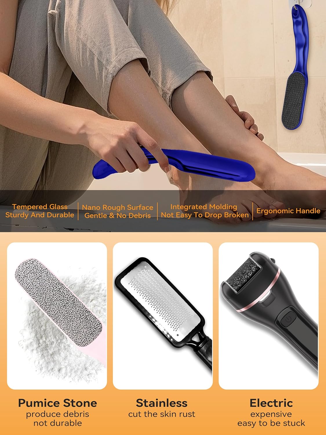 Beyond The Cream Veins Grain Foot File, Nano Glass Foot File, Hard Skin Callus Remover, Professional Pedicure Tool, Anti-Slip Handle Rope & Storage Bag, Ideal Gift for Beauty & Fitness Lovers, Blue