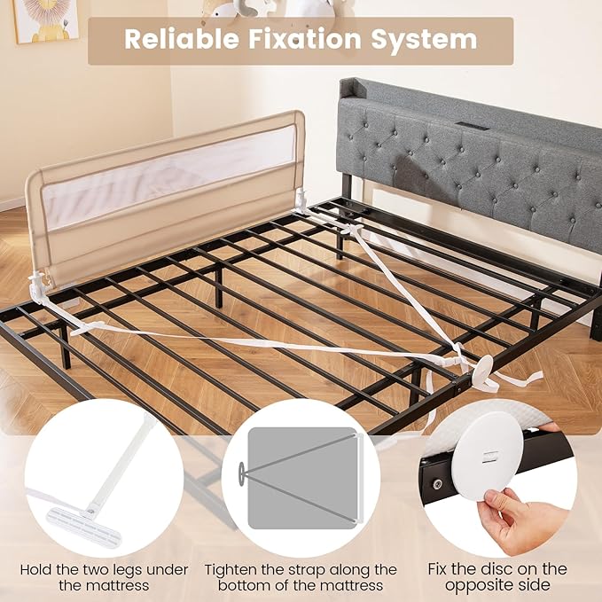 HONEY JOY Bed Rail for Toddlers, 59-in Extra Long, Portable Safety Guardrail w/Double Safety Child Lock, Foldable Baby Bed Rail Guard, Fit King & Queen Full Twin Size Bed Mattress (2 Pack, Beige)