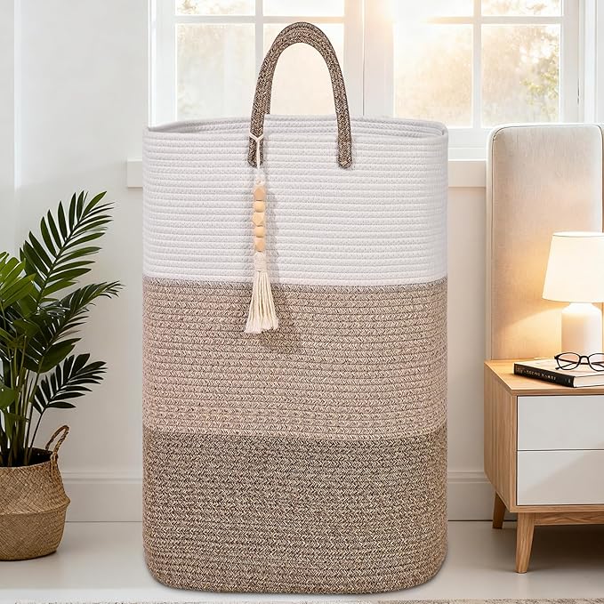 Woven Laundry Basket for Clothes,100 L Large Rectangle Laundry Hampers with Beads Tassel, Nursery Storage Basket for Toys, Tall Dirty Clothes Hamper for Bedroom Aesthetic, Laundry Room Organization