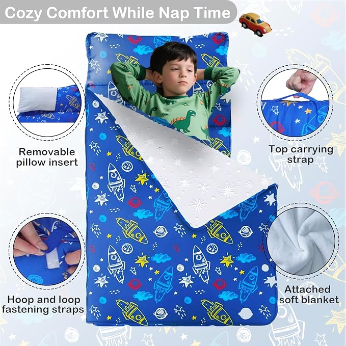 Toddler Nap Mat with Removable Pillow and Blanket, Cot Nap Mats for Daycare Preschool Kindergarten, Roll Up Lightweight Portable Travel Sleeping Bag, Blue Space