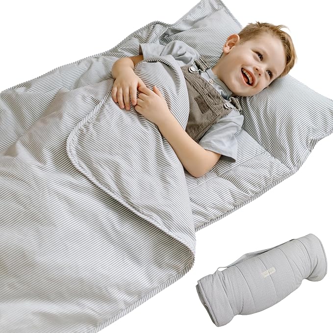 Organic Toddler Nap Mat – 100% Cotton Kids Washable Sleeping Mat & Detachable Pillow – Sleeping Bag with Soft 1.5” Pad – Ideal Nap Mat for Daycare, Preschool, & Sleepovers