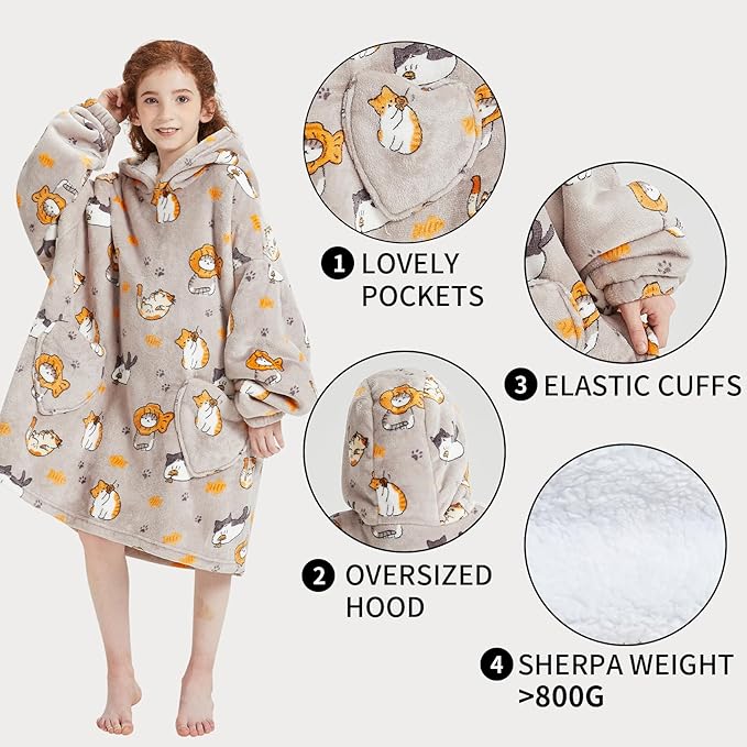 Fiosnow Cat Blanket Hoodies for Kids 6-13YR Oversize Wearable Blanket Hoodies for Boys Girls Teens
