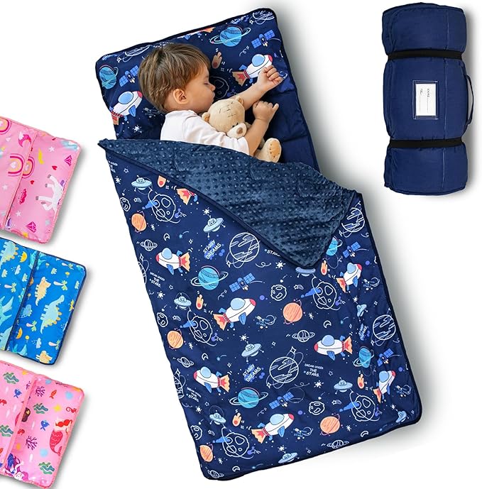 Primlect Toddler Nap Mat with Removable Pillow and Fleece Blanket, Extra Large 55''x35'' Sleeping Bag, Washable, Light, Easy to Roll up, Perfect for Daycare, Preschool, Kindergarten, Travel