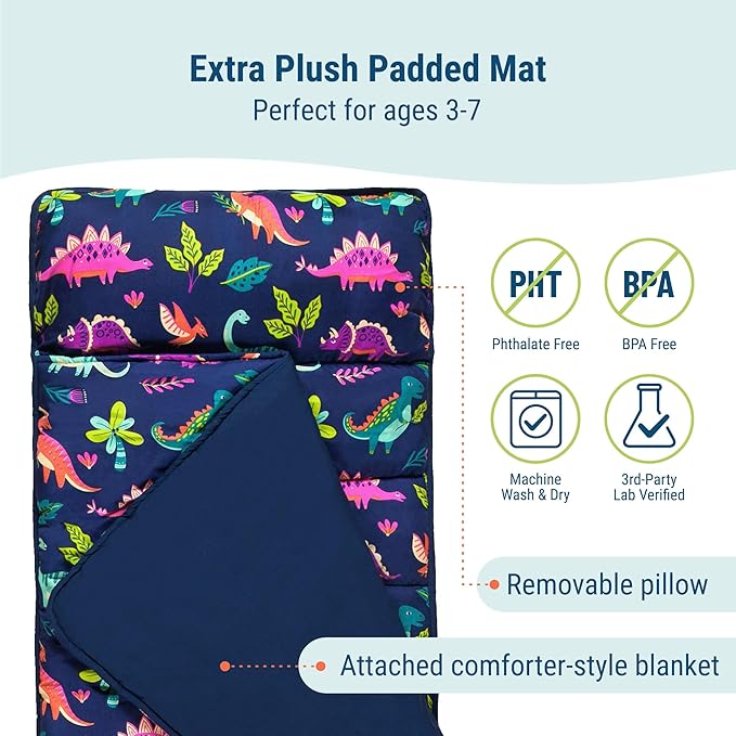 Wildkin Kids Microfiber Nap Mat – Soft Sleep Mat with Pillow, Ideal for School & Travel - Darling Dinosaurs