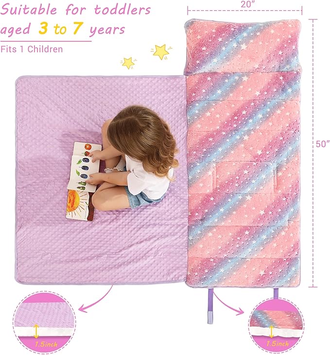 Toddler Nap Mat with Pillow and Blanket, Extra Large Rolled Napping Mats,Slumber Bags for Boys Girls,Kids Sleeping Bag for Daycare, Preschool Travel Camping