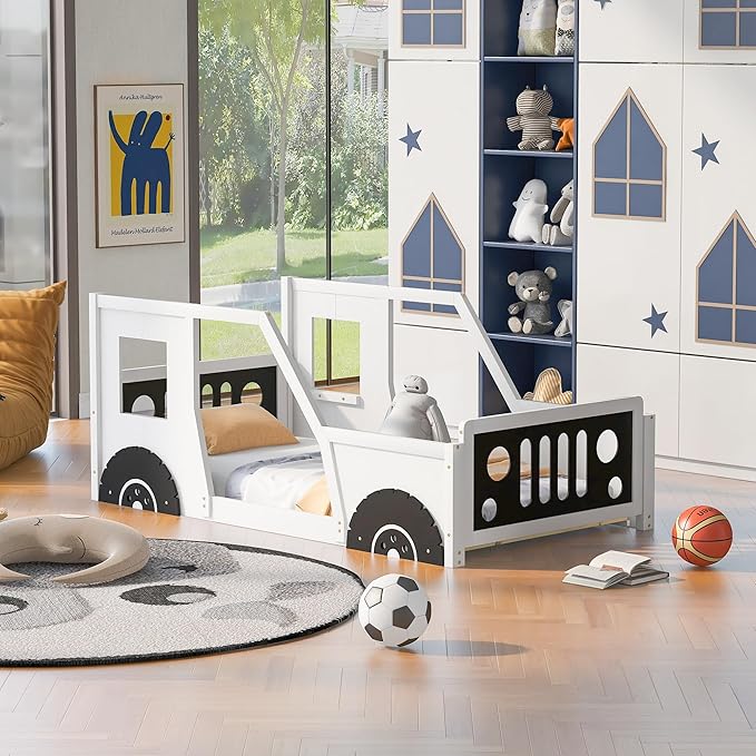Merax Twin Size Classic Car-Shaped Platform Bed with Wheels, Wood Car Bed Frame for Boys, White