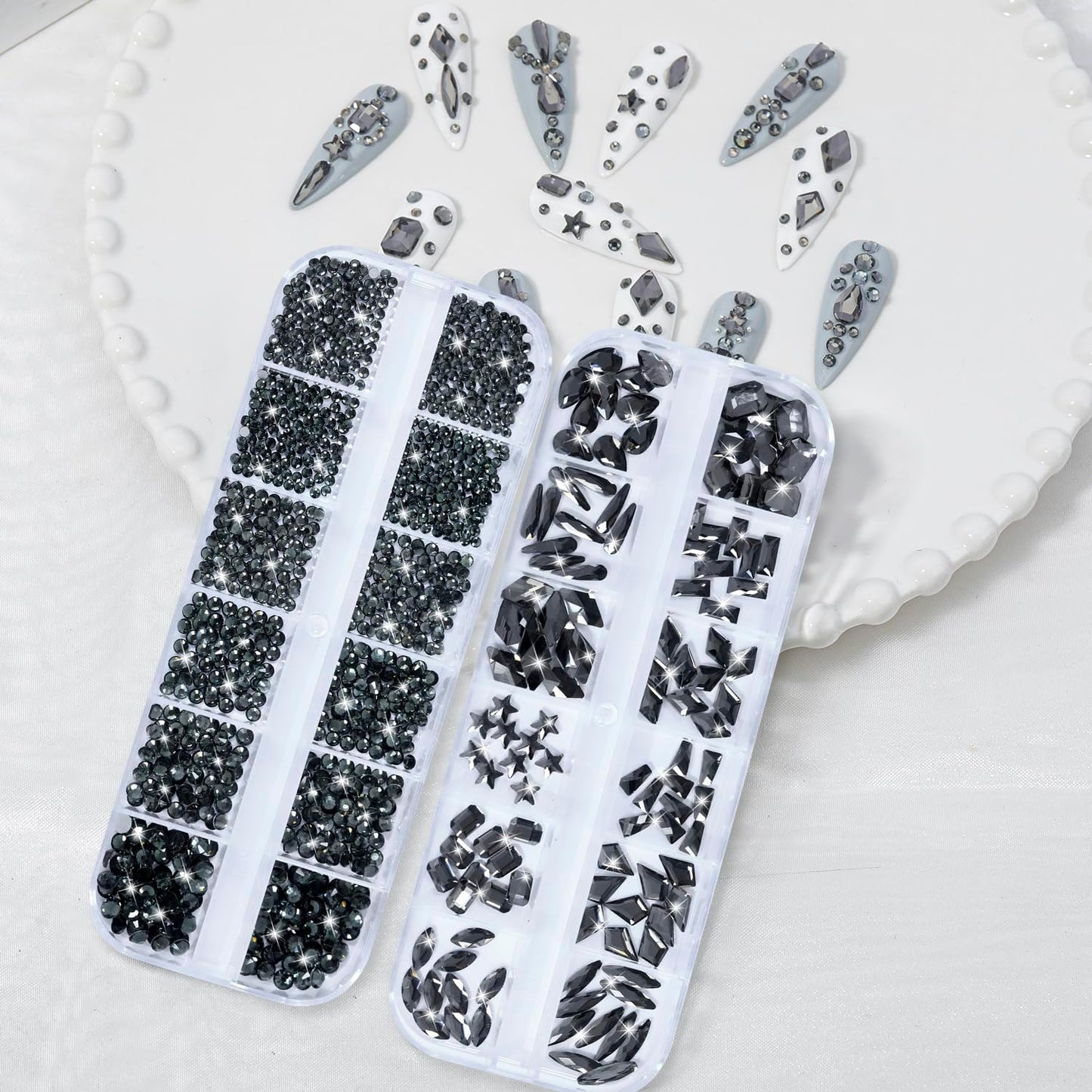 Nail Rhinestones - 3D Multi Shape Size, Flat Back, Crystals Manicure Rhinestones Charms, Transparent Gray Nail Gems, with Kit, for Nail Art, Bedazzling Acrylic Nails, DIY Decor