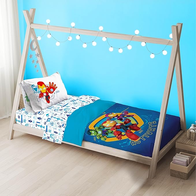 Sunny Side Up Kids Comforter Set Includes Sheets and Pillow Covers - Soft and Cozy Bed Set for Stylish Room Decor, Blue - Iron Man and His Awesome Friends, 4 Piece Toddler Bed Frame Size Bedding