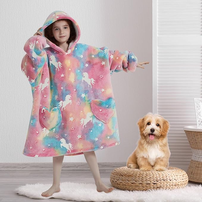 Fiosnow Glow in the Dark Unicorn Blanket Hoodies for Kids 6-13YR Oversize Wearable Blanket Hoodies for Boys Girls Teens