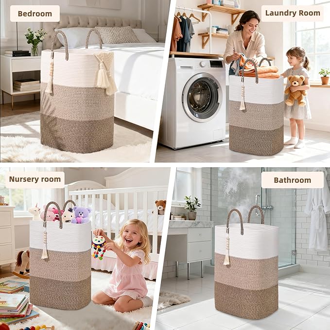 Woven Laundry Basket for Clothes,100 L Large Rectangle Laundry Hampers with Beads Tassel, Nursery Storage Basket for Toys, Tall Dirty Clothes Hamper for Bedroom Aesthetic, Laundry Room Organization