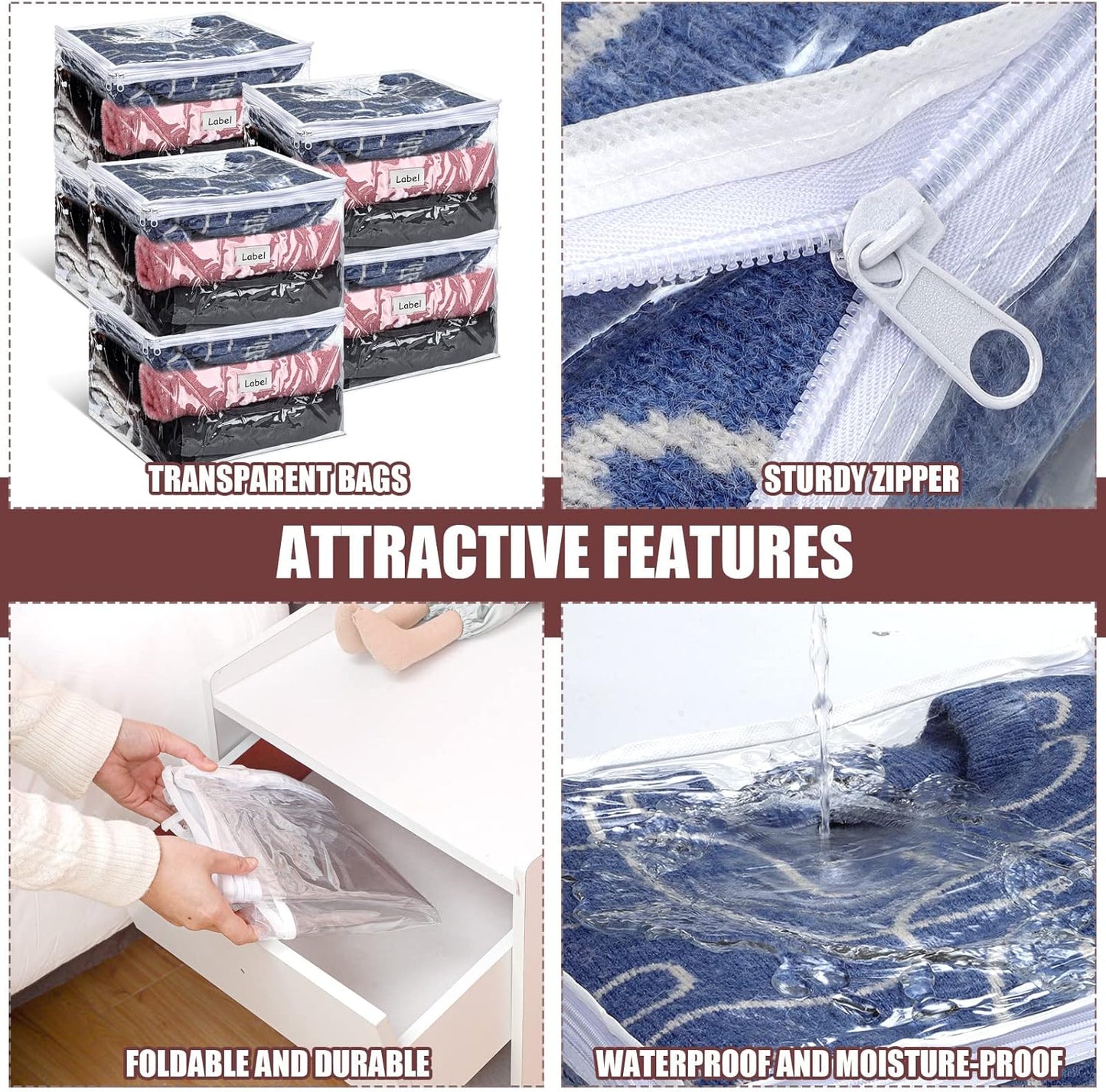 Hoolerry 6 Pieces Sweater Storage Bags Plastic Clear PVC Clothes Storage Bags with Zipper and Label for Blankets Clothes Closet Quilt Pillow Bed Sheet Organizer(12 x 12 x 12 Inch)