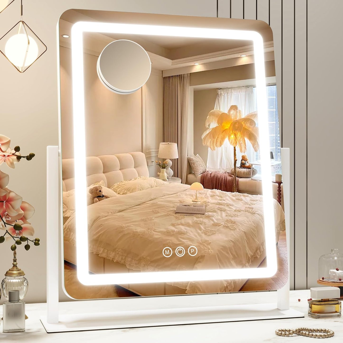 22x18 Inch Vanity Mirror with Lights, 3 Color Dimmable LED Lighting, Smart Touch Control & 360° Rotation, Large Makeup Mirror for Bedroom, Dressing Room (White)