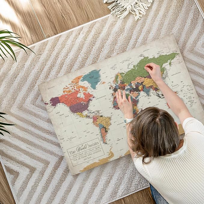 ElephantStock - Personalized World Awaits II Push Pin World Map Wall Art - Horizontal Canvas Wall Art - Living Room Wall Decor - Digital Art Map Canvas Art - Green And Beige Decor - 36" x 24"