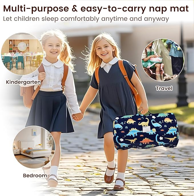 PHF Dinosaur Toddler Nap Mat Set, with Removable Pillow for Toddler Boys, Soft and Lightweight for Daycare, Preschool, Travel, Kindergarten Sleeping Bag, Fits Ages 3-6 Years, Dinosaur