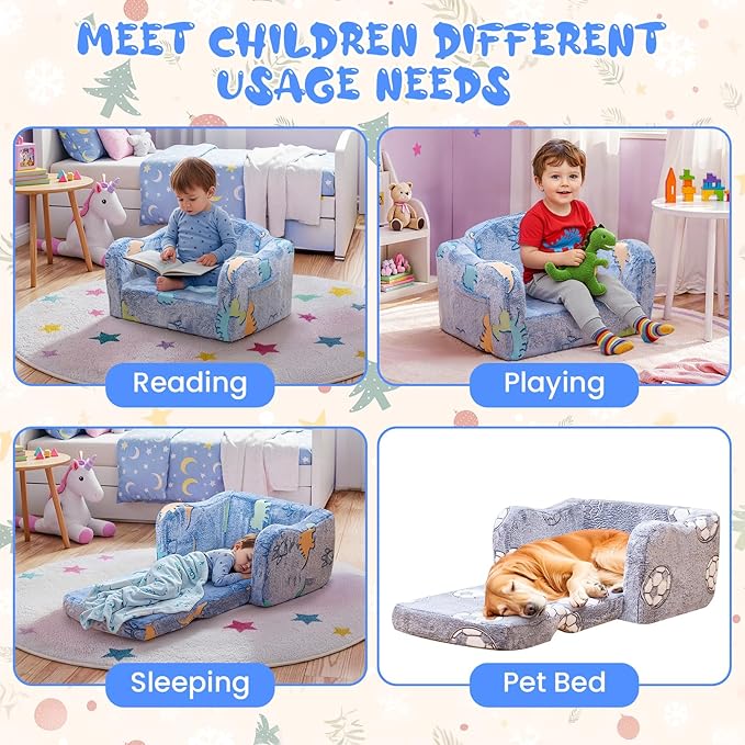 Lamerge 2-in-1 Toddler Couch,Glow in The Dark Baby Floor Bed,Foldable Toddler Chair Kids Sofa for playroom,Convertible Sofa to Lounger for Girls and Boys (Blue and Dinosaur)