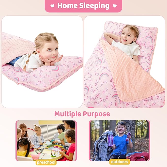 Viviland Toddler Kid Nap Mat for Preschool, Girls Pink Rainbow Slumber Bag, Daycare Sleeping Bag with Pillow and Blanket, Kindergarten Sleep Mat