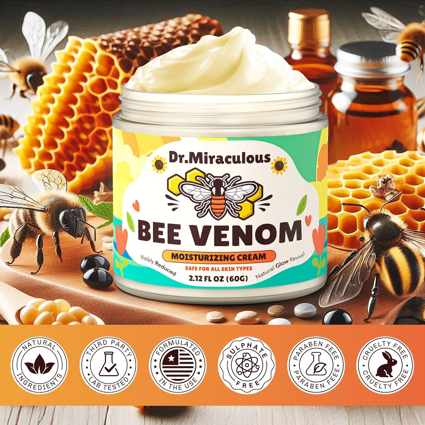 Bee Venom Skin Cream, Propolis & Peptide Anti-Aging Moisturizer for Wrinkles Removal, Hydration & Firming Skin (2.12 fl oz)