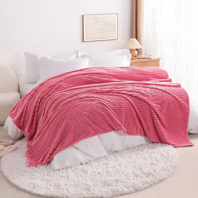 NTBAY Plush Flannel Oversized Baby Blanket, 50X60 Inches Soft and Warm Toddler Blanket with Striped Texture Nursery Bed Blanket for Stroller, Crib, Travel, Baby Gift, 50"x60", Coral Pink