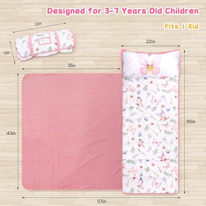 Pea Pod Toddler Nap Mat with Pillow & Fleece Blanket Ultra Soft Kids Rolled Napping Mats for Daycare, Preschool-Kindergarten, Slumber Bags for Boys Girls, Fits Ages 3-7 Years, Butterfly