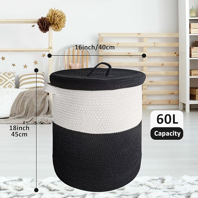 Large Storage Basket with Lid 60L, 16"Wx18"H Woven Laundry Hamper Basket with Handle, Room Decor Cotton Rope Wicker Basket Toy Organizer Bins for Clothes Blankets Pillows, Black/White Mix includes Lid