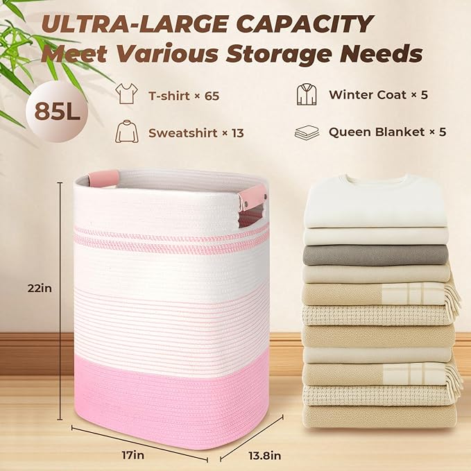 Laundry Basket with Handles - Blanket Basket & Hampers for Bedroom Aesthetic, Laundry Hamper & Blanket Storage for Living Room, Clothes Hamper, Tall, Large 17" x 14" x 22”, Pink & White