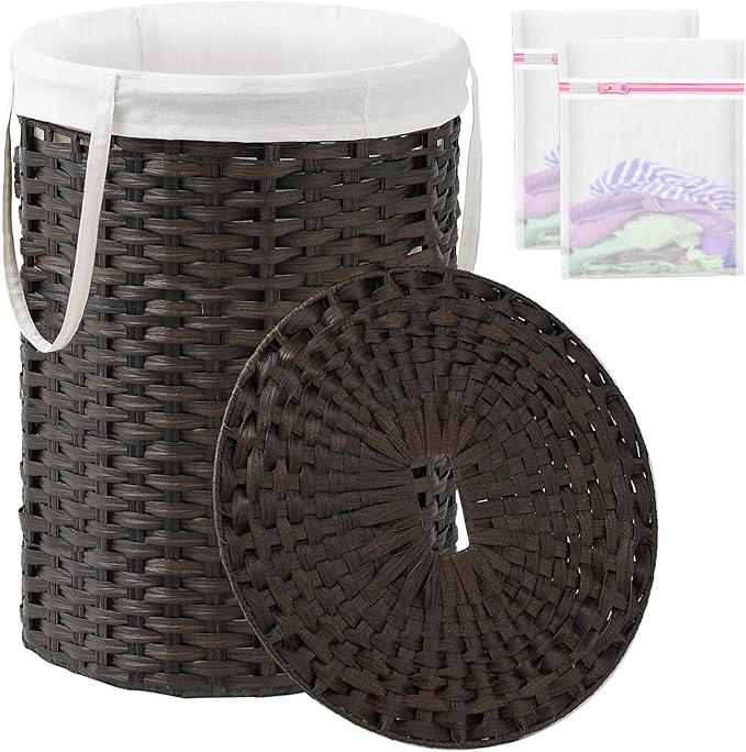 Laundry Basket with Lid Round Rattan Laundry Hamper with Lid and Handles 29.1 Gal (110 L) Handwoven Woven Basket with Removable Bags and 2 Mesh Bags for Bathroom Living Room Brown