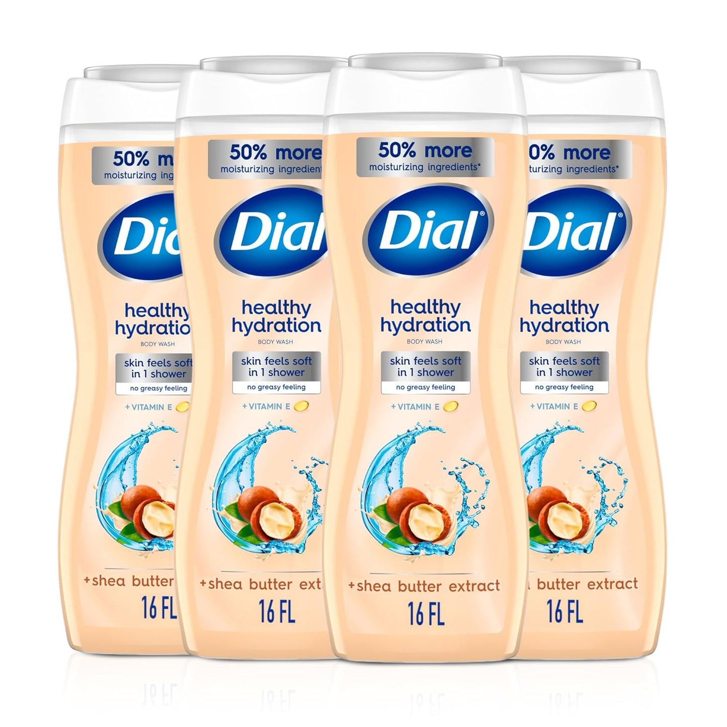 Dial Body Wash, Healthy Hydration, Shea Butter Extract plus Vitamin E, 16 fl oz (Pack of 4)
