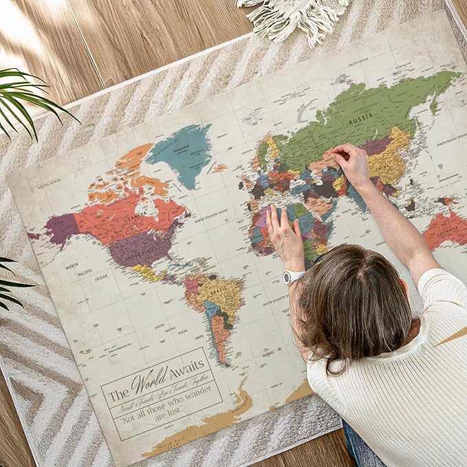 ElephantStock - Personalized World Awaits II Push Pin World Map Wall Art - Horizontal Canvas Wall Art - Living Room Wall Decor - Digital Art Map Canvas Art - Green And Beige Decor - 51" x 34"