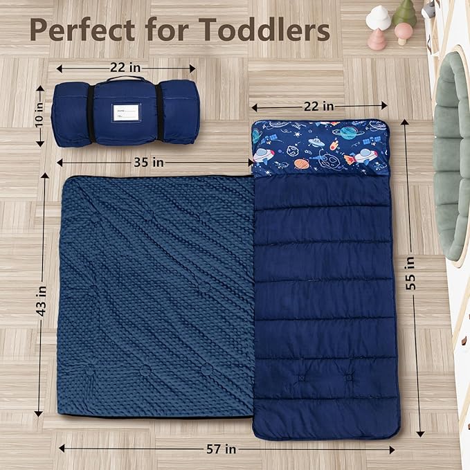 Primlect Toddler Nap Mat with Removable Pillow and Fleece Blanket, Extra Large 55''x35'' Sleeping Bag, Washable, Light, Easy to Roll up, Perfect for Daycare, Preschool, Kindergarten, Travel