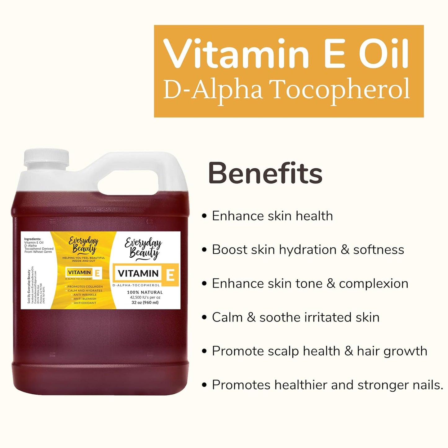 Pure Vitamin E Oil Bulk - 32 oz D-Alpha Tocopherol 100% Pure & All Natural 42,500 IU per oz - Not a Blend, Thick, Amber Color - from Wheat Germ - Face Body Hair - DIY Cosmetics & After Surgery Scars