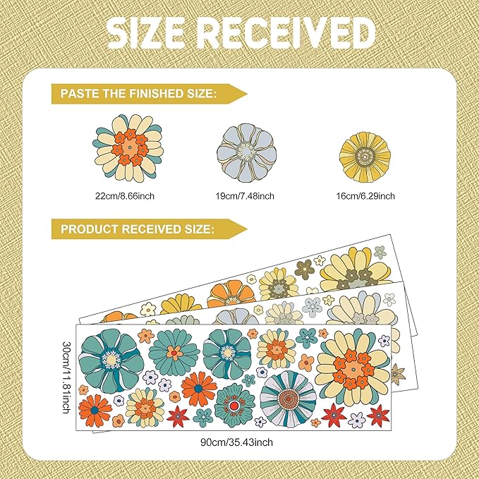 Boho Retro Flower Wall Decal - Retro Floral Decor Stickers,Peel and Stick Bohemian Style Flowers Decals for Kids Bedroom Nursery Playroom Living Room and Bedroom Wall Decorations