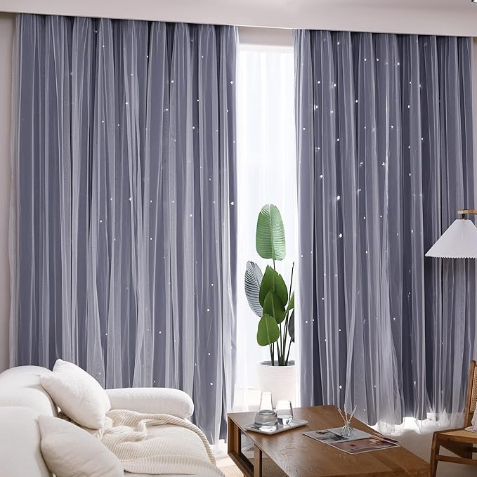 Kinryb Kids Star Cutout Curtains for Bedroom/Living Room/Classroom,2 Free Tiebacks Sheer Overlay 2 Panel Set, Double Layer Curtains for Kids Room(Each Piece W70 x L95 Inches 2 Pcs Navy Blue)