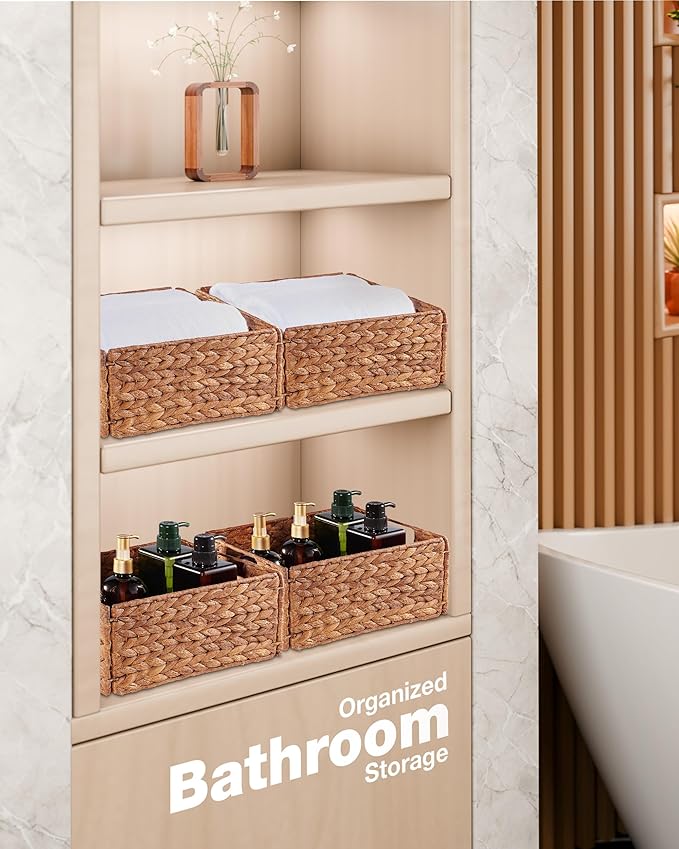 BLUEWEST Wicker Storage Baskets Pack 6, Woven Baskets for Storage, Laundry Water Hyacinth Basket for Organizing with Carrying Handles, Rattan Baskets (Brown, Rectangular)