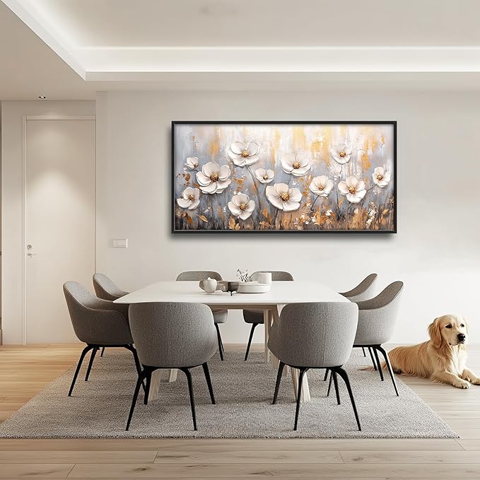 Olivine Flower Large Wall Art, White Floral Pictures Wall Decor, Retro Flowers Paintings Canvas Prints, Framed Artwork for Dining Room Bedroom Living Room Office Bathroom Home Decoration 60"x30"