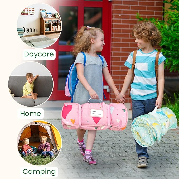 Toddler Nap Mat with Pillow and Minky Blanket, Large 55"x35" Sleeping Bag, Washable, Lightweight, Easy to Roll, Perfect for Preschool, Daycare, Kindergarten, Travel, Boys and Girls(Dinosaur)
