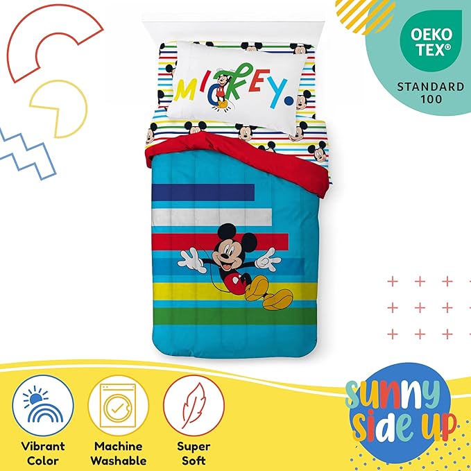 Sunny Side Up Disney Mickey Mouse Twin Comforter Set - 5 Piece Kids Bedding Includes Comforter, Sheets & Pillow Cover - Super Soft Microfiber Bed Set