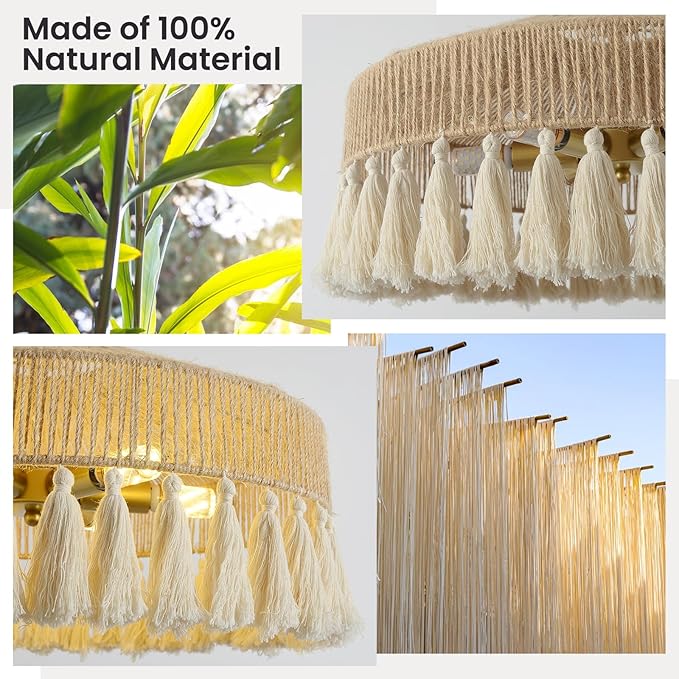 Rattan Pendant Light 19.5in 6 Lights Boho Large Chandelier Wabi-Sabi Pendant Light with Fringe Tassle Chandelier Lighting Fixtures for Living Dining Room Kitchen Bedroom Nursery Girls Room